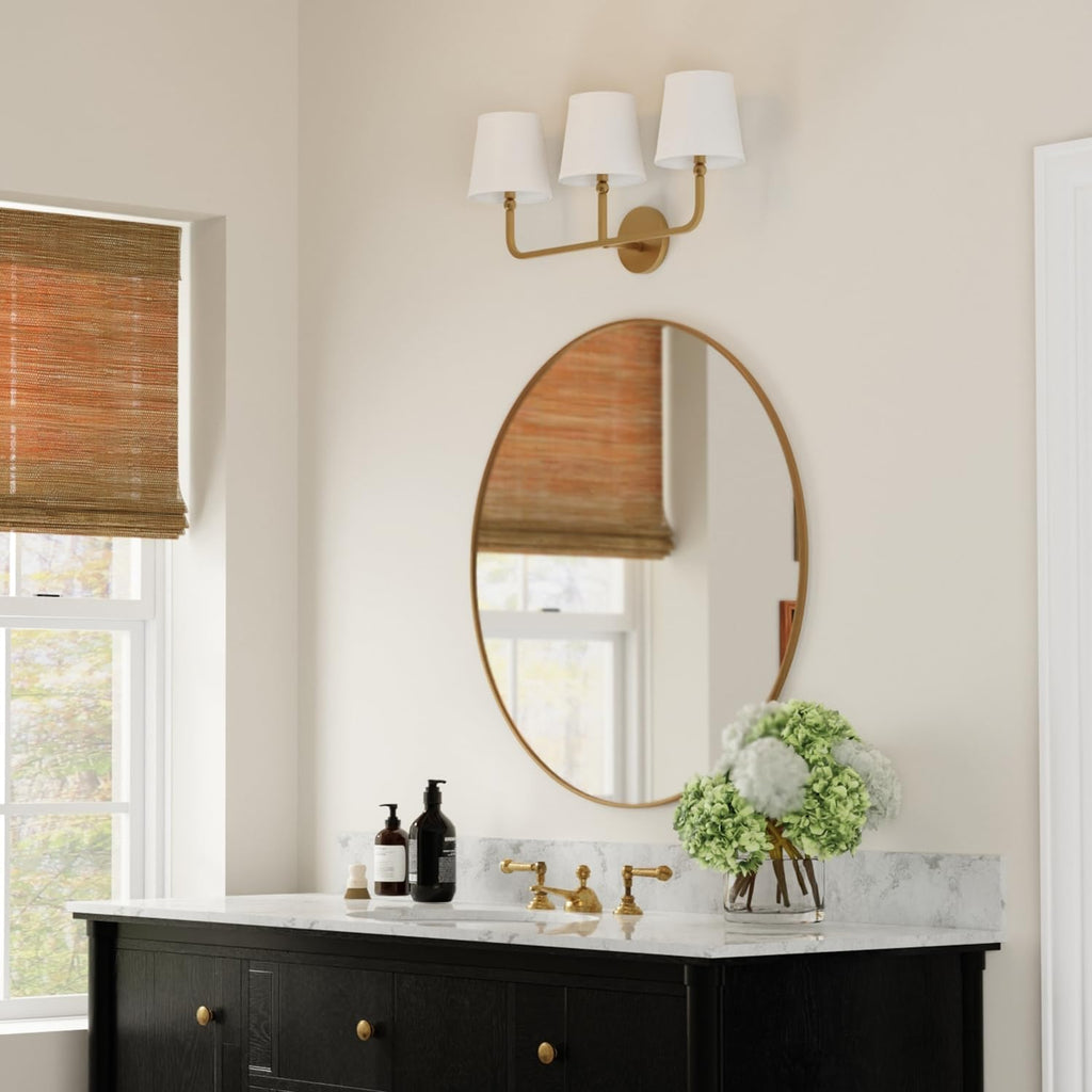 Capital Lighting 119331AD-674 Dawson Decorative White Fabric Stay-Straight Shade Bath Vanity Wall Mount, 3-Light 180 Total Watts, 12' H x 26' W, Aged Brass