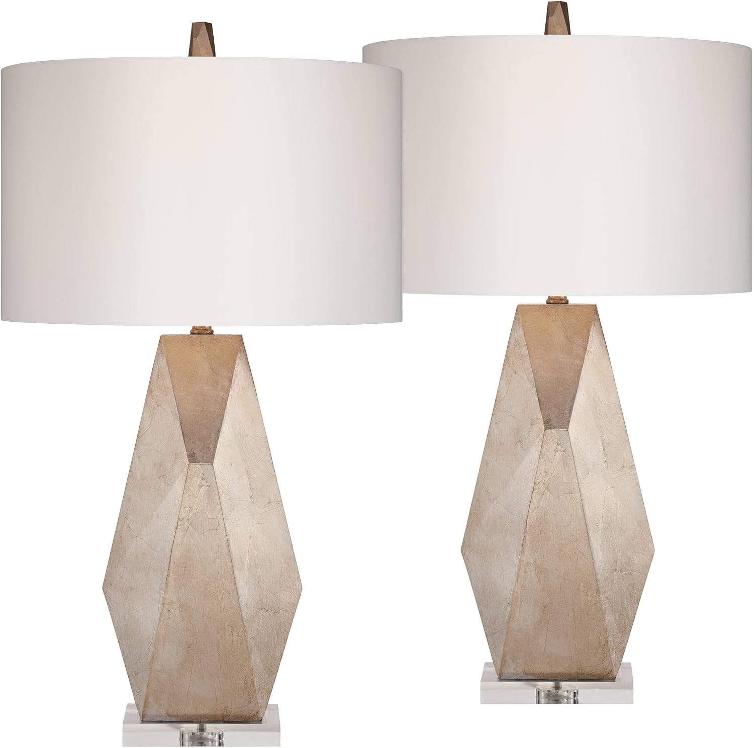 Possini Euro Design 32 1/2' Tall Geometric Large Mid Century Modern Glam End Table Lamps Set of 2 Champagne Gold Living Room Bedroom Bedside Nightstand House Office Home Reading Off-White Shade