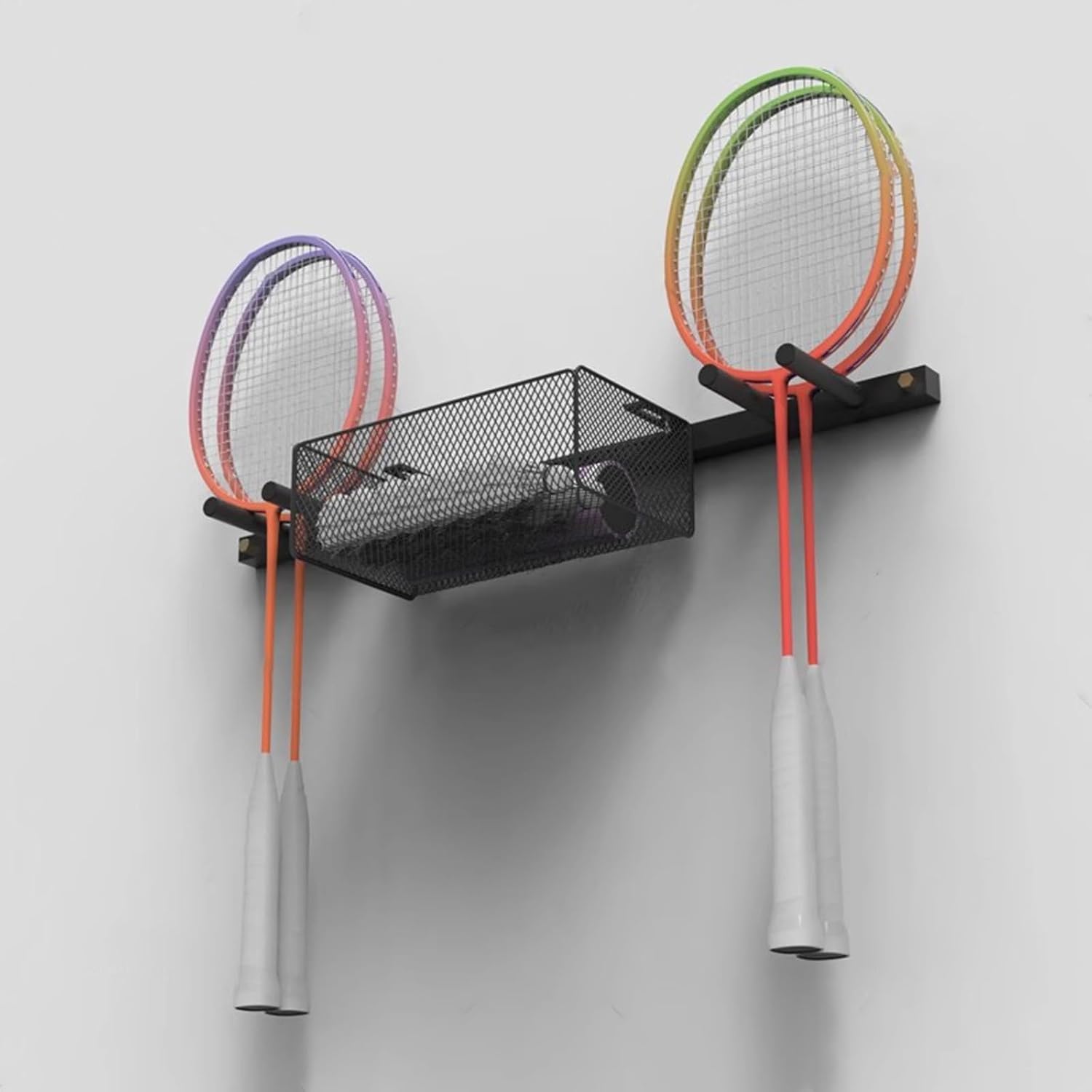 2 in 1 Wall Mounted Ball Holder Racket Rack, Hanging Equipment Organizer for Boys Bedroom/Studio/Garage, Metal Badminton Ping Pong Paddle Storage Display Stand