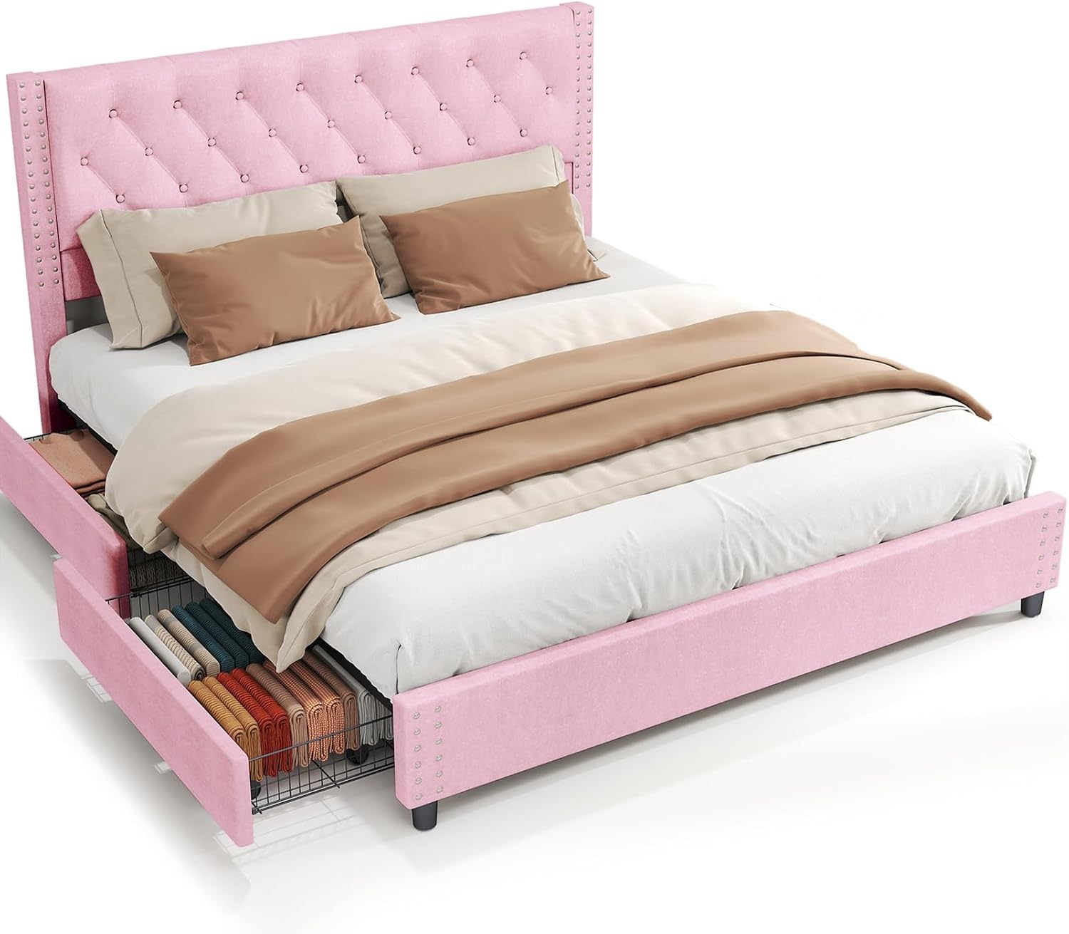 Brrnoo Metal Support King Bed Frame, Velvet Fabric Upholstered Headboard with Rivet Design, 4 Drawers, Easy Assembly for Home (Pink)
