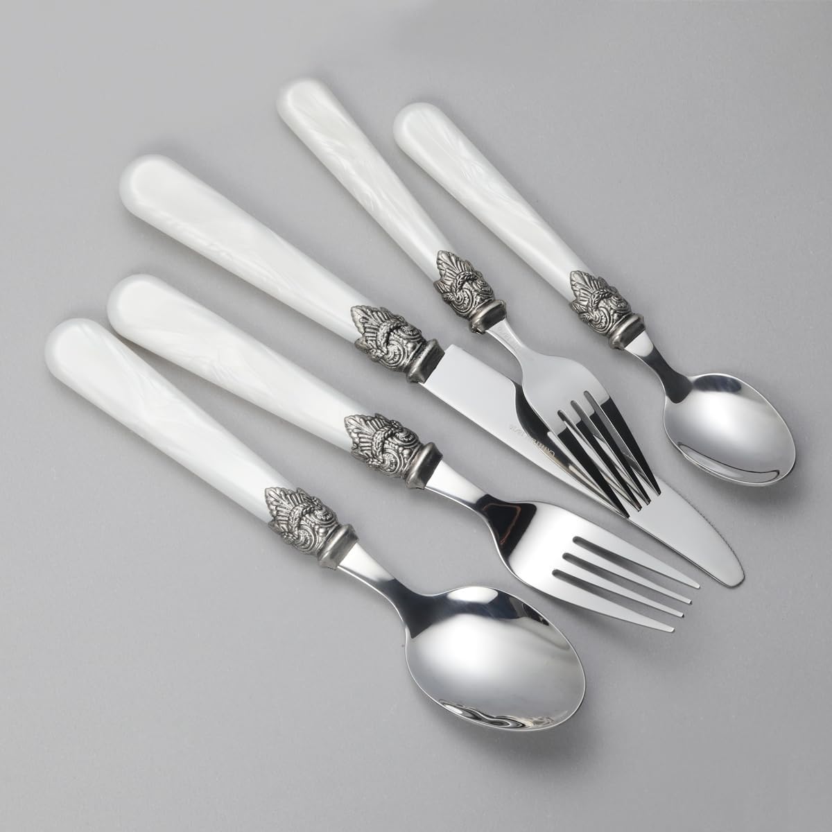 REVERIE Collection 18/10 Stainless Steel Vintage Flatware set,Sliverware set,Dishwasher safe (45, Pearl White)