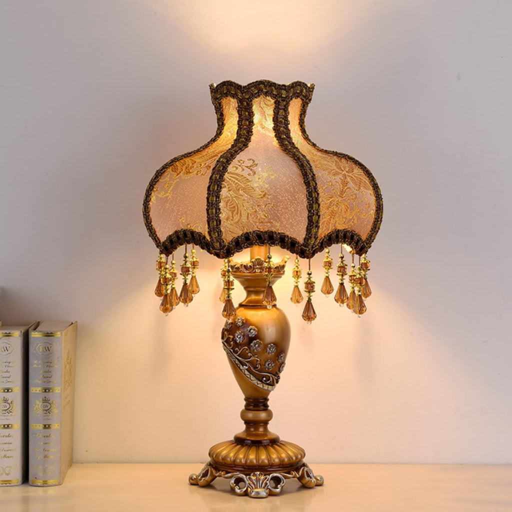 Vintage Table Lamp Beaded Fringe Lamp Brown Fabric Lampshade European Nightstand Lamp Flower Floral 1 Head VictorianTable Light with Lace