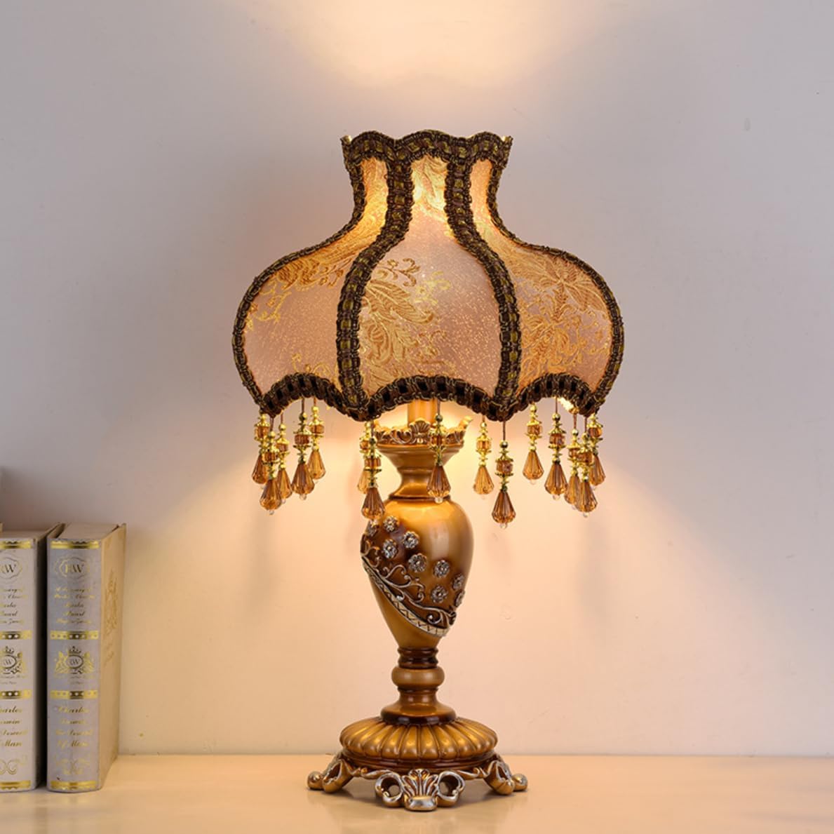 Vintage Table Lamp Beaded Fringe Lamp Brown Fabric Lampshade European Nightstand Lamp Flower Floral 1 Head VictorianTable Light with Lace