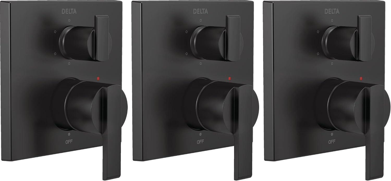 DELTA FAUCET T24967-BL Angular Modern Monitor 14 Series Valve 6-Setting Integrated Shower Trim with Diverter, Matte Black, (Valve Not Included) (Pack of 3)