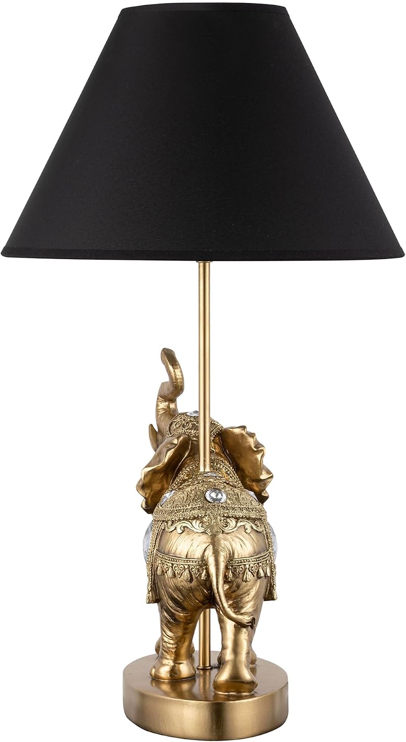 ICE ARMOR 18.5' Detailed Craftsmanship Golden Elephant Table Lamp - Bedside Light with Fabric Shade, Exotic Decor & Cultural Ambiance
