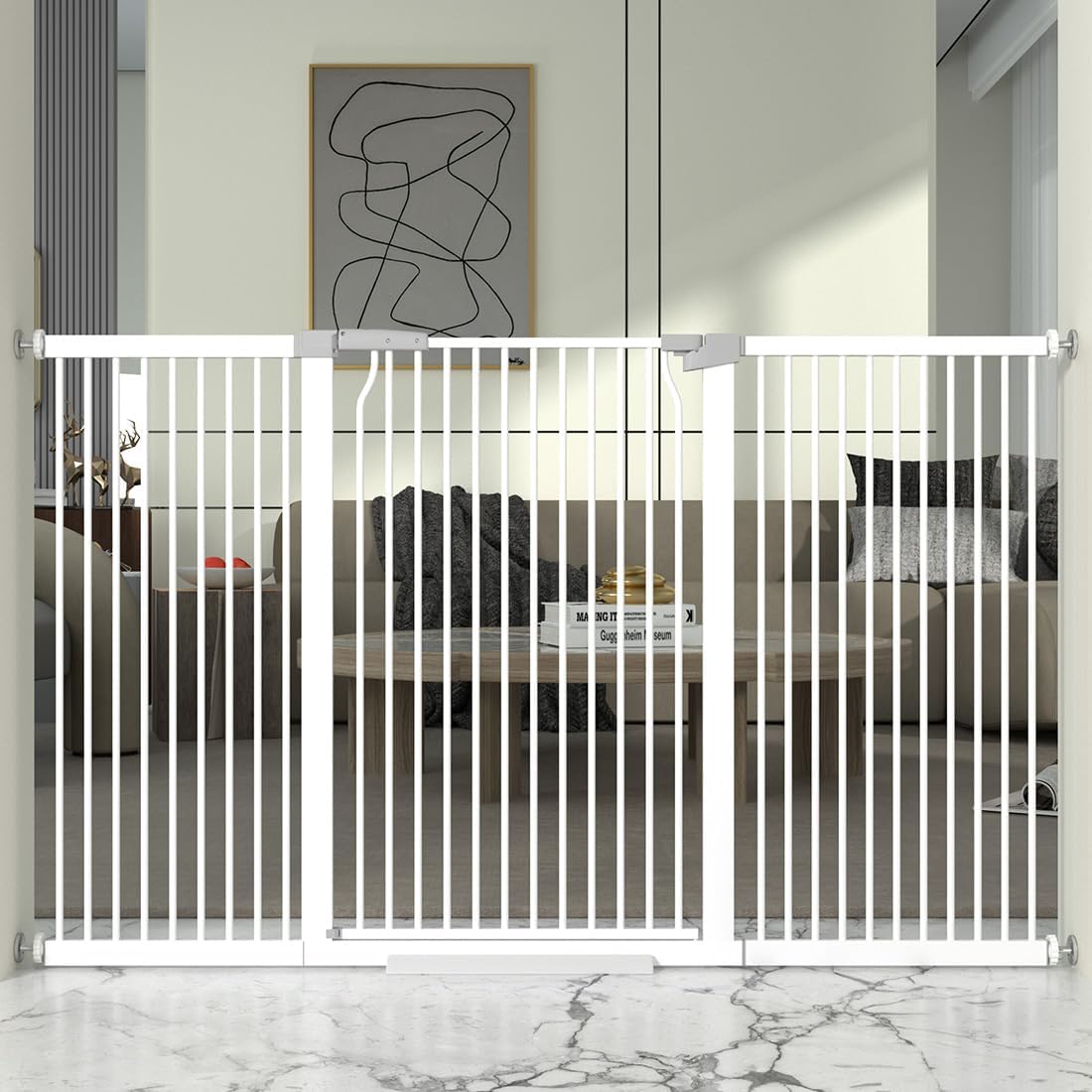 41' Extra Tall and Wide Baby Gate, 65.8-68.5'' Wide Pet Cat Gate for Doorway, Extra Wide Pressure Mounted Child Door with Expansion Kit, Metal Safe Gate, Tall Dog Gate, White