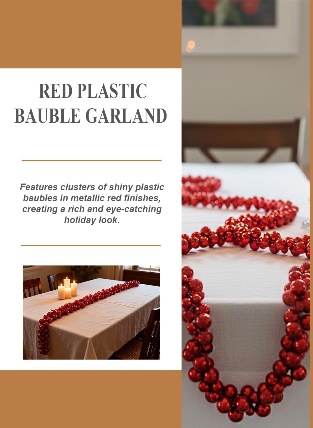Serene Spaces Living Red Plastic Bauble Garland, Christmas Tree, Mantel, Banister, Doorway & Holiday Party Décor, 88' Long
