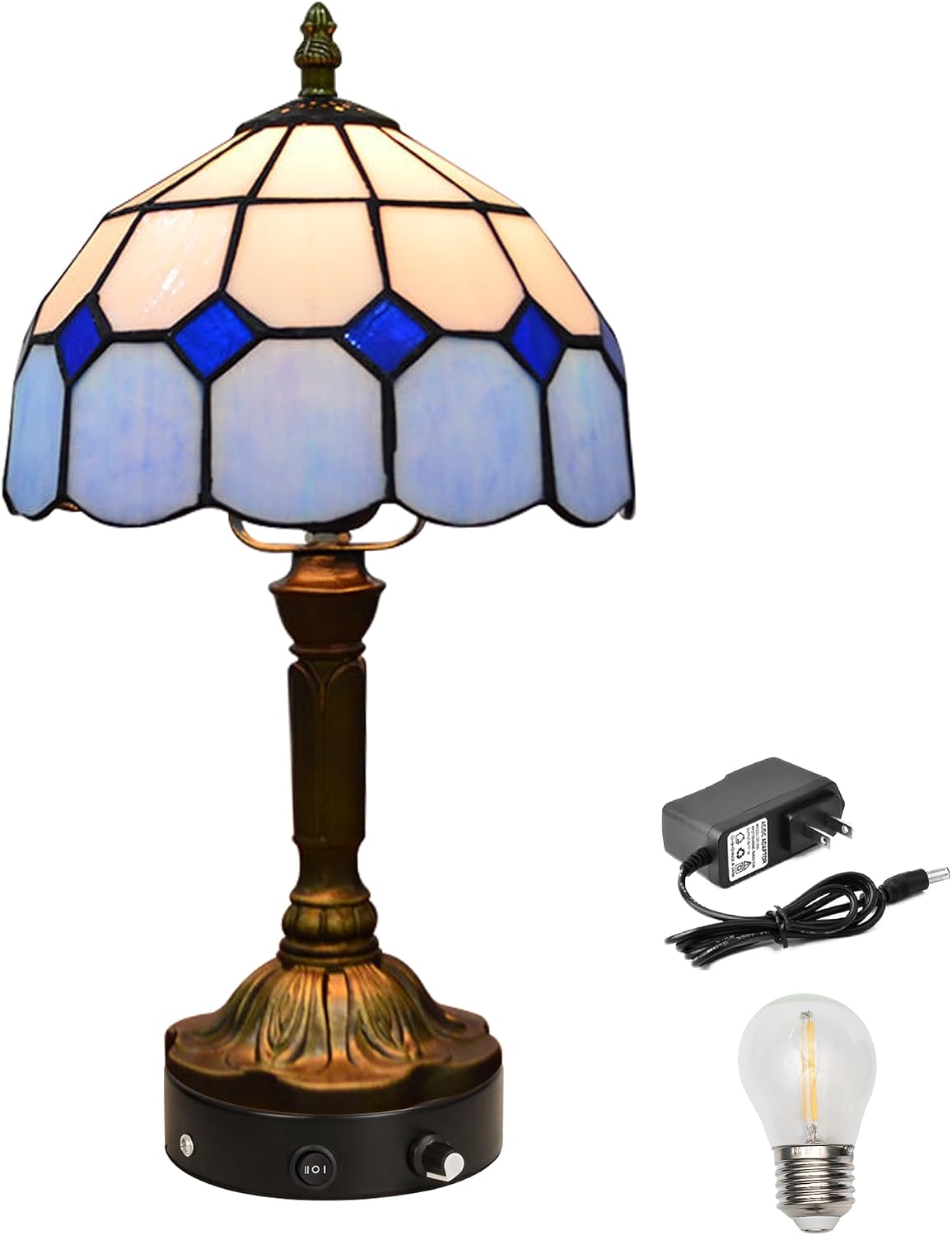 Kiven Cordless Table Lamp, Dimmable Bedside Lamps for Nightstand with Glass Lampshade, Tiffany-Style Rechargeable Desk Lamp for Reading Home Decor Bedside,1-Light
