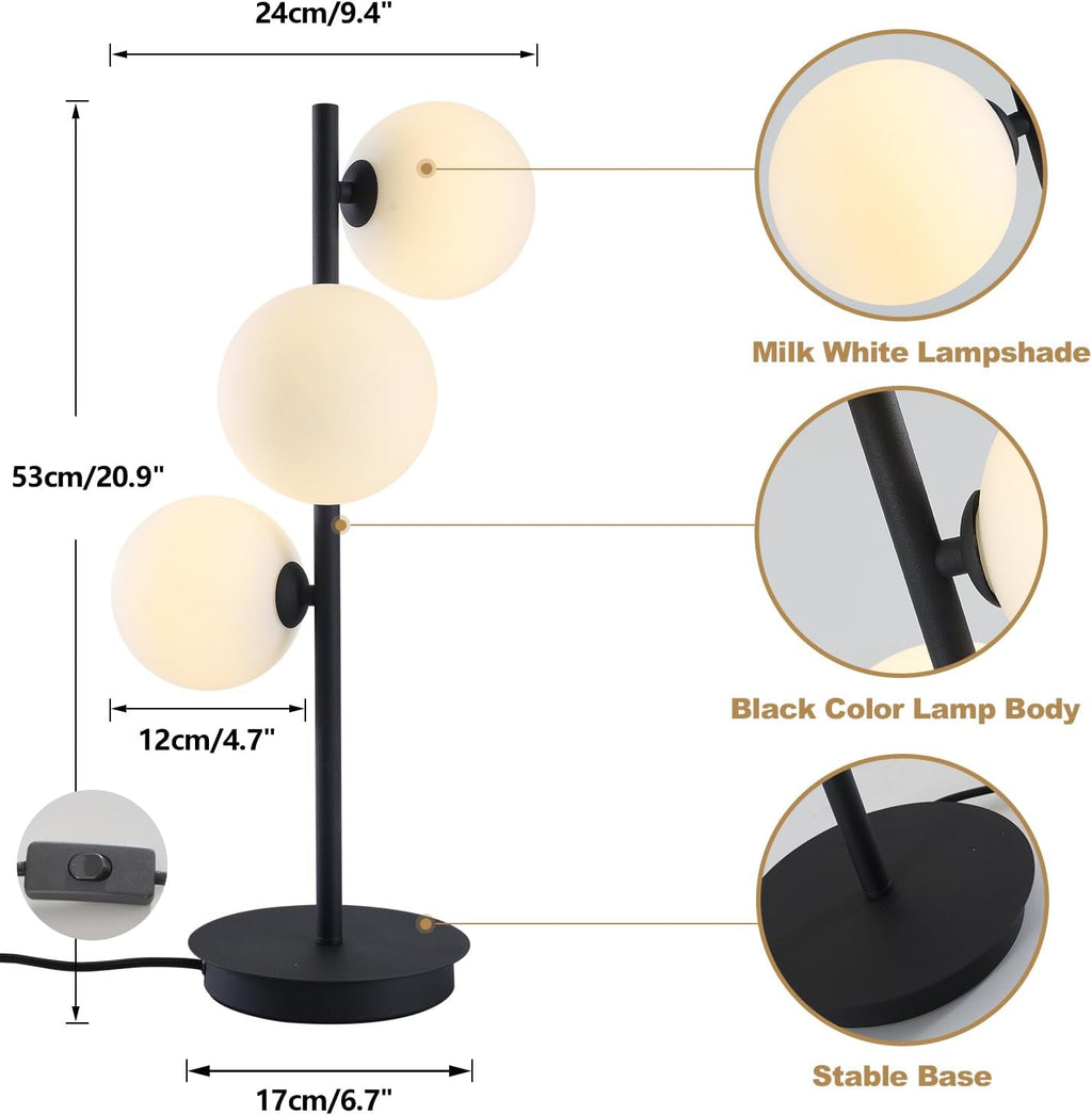 Mid Century Modern Table Lamp, Black Nightstand Lamp, White Glass Globe Desk Lamp, 3 Lights Contemporary Bedside Lamp for Bedroom Living Room Study Room