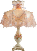 Pink Resin Table Lamp Fabric Princess Desk Lamp Modern Resin Lampbody with Flower Decorative Bedside Nightlight for Bedroom Living Room