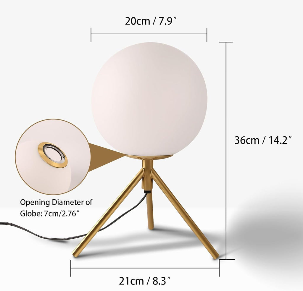 Gold Table Lamps Set of 2, Mid Century Modern Globe Desk Lamp with Milk White Glass Shade Metal Tripod Base, Vintage Bedside Lamp Small Round Table Lamps for Bedroom Living Room Study
