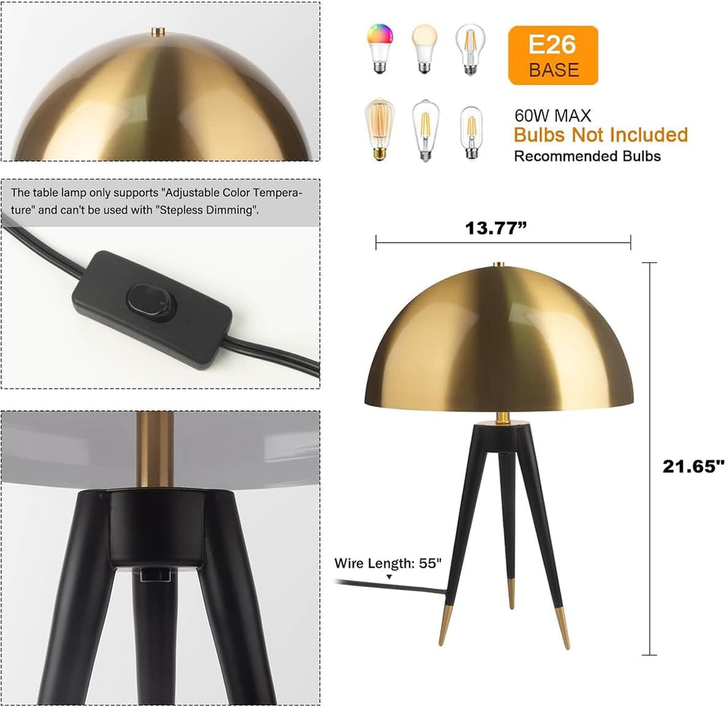 21-inch Tall Metal Table Lamp, Mid Century Side Table Lamp with Retro Gold Dome Shade, 2-Light Black Tripod Desk Lamp for Living Room Bedroom Office Study Room (E26 Base)
