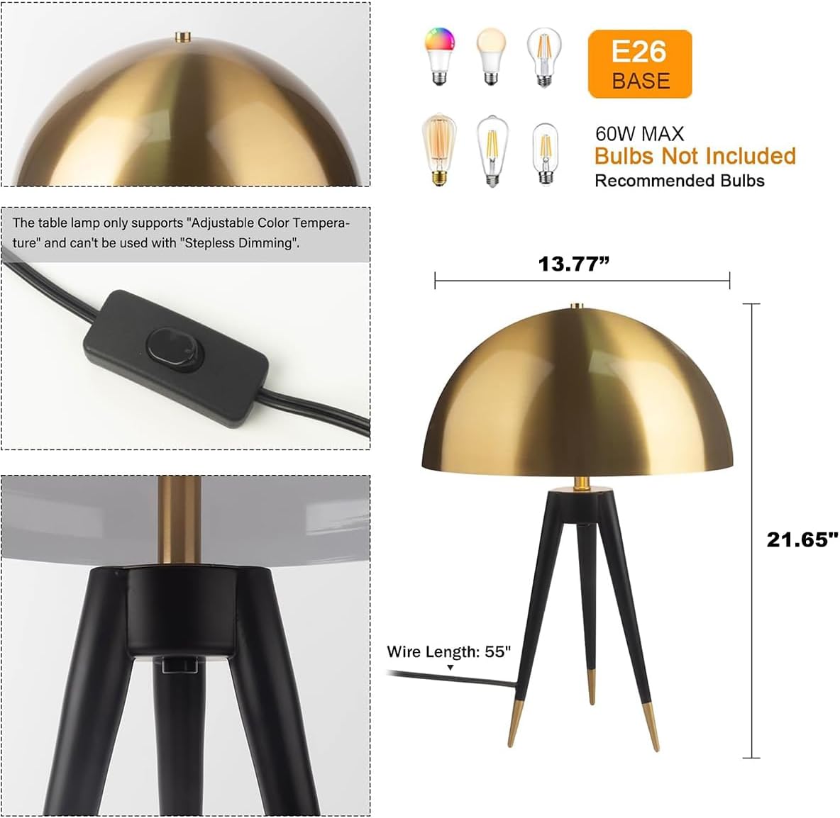 21-inch Tall Metal Table Lamp, Mid Century Side Table Lamp with Retro Gold Dome Shade, 2-Light Black Tripod Desk Lamp for Living Room Bedroom Office Study Room (E26 Base)