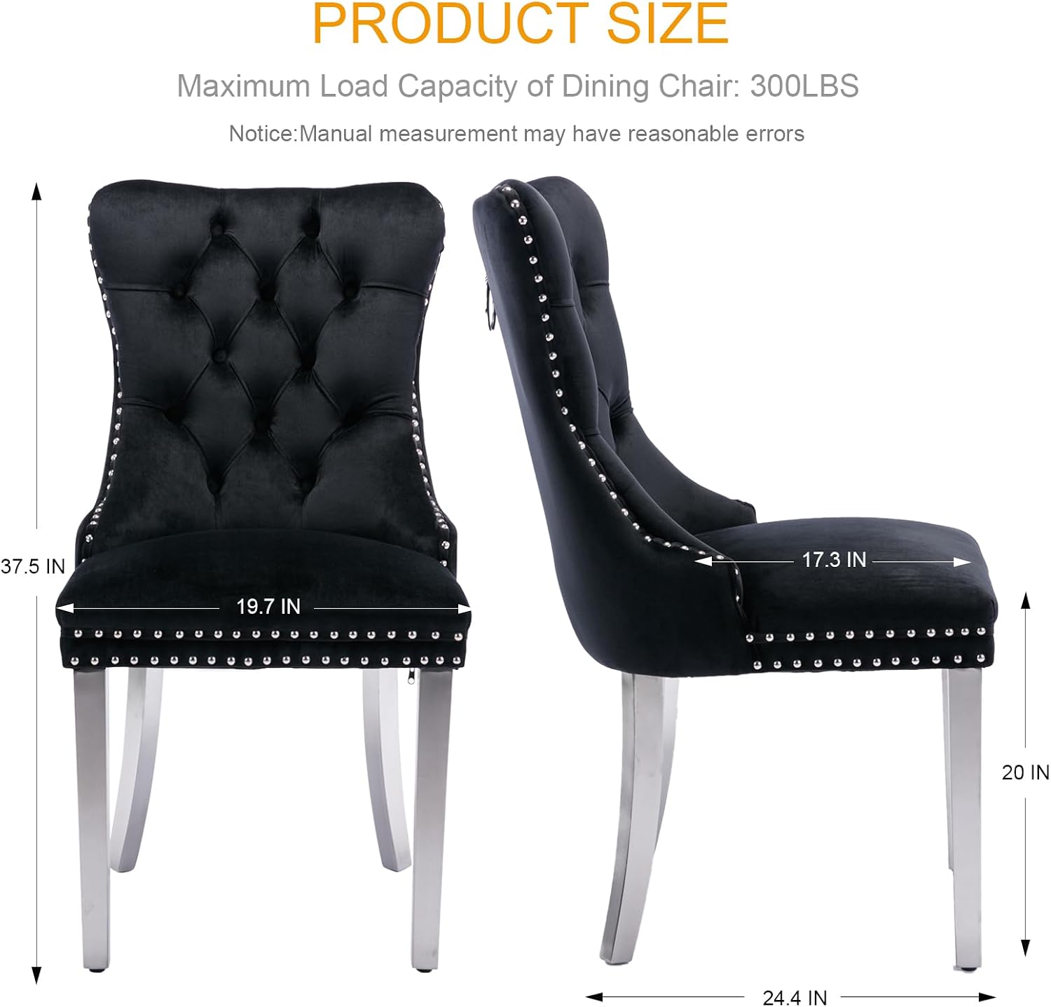 Velvet Dining Chairs Set of 2, Tufted Upholstered Dining Room Chairs with Back Ring Pull, Nailhead Trim and Sliver Stainless Steel Legs, Modern Dinging Chair for Dining Room, Kitchen(Black)