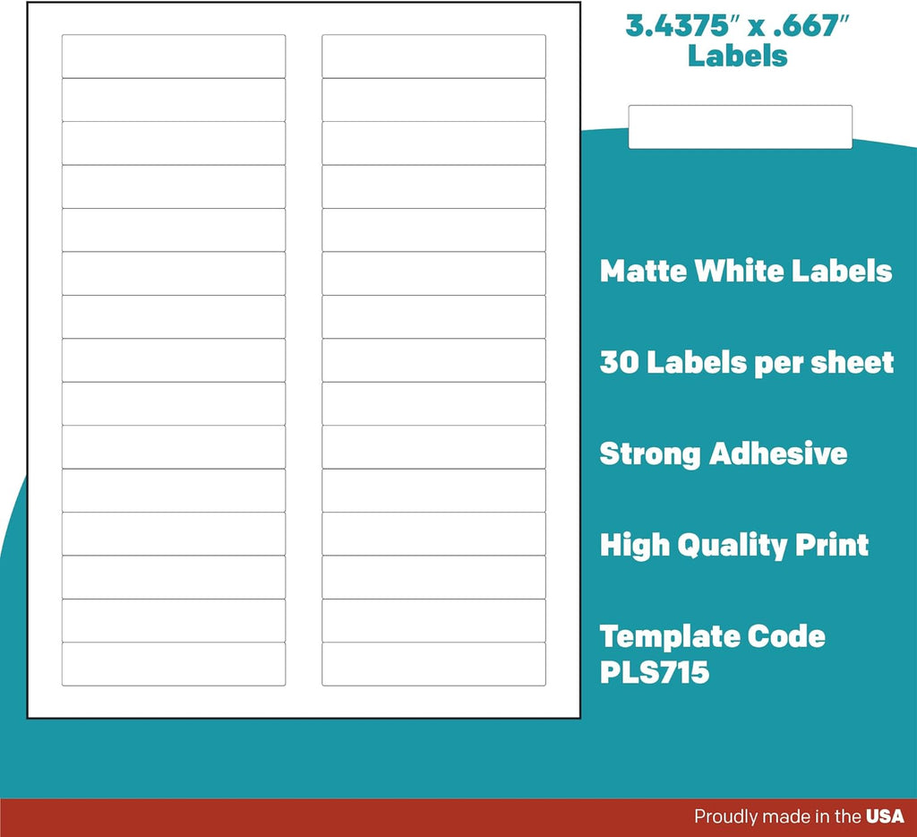 Premium Label Supply White File Folder Labels – 3.4375' x .667' – Laser/Inkjet Compatible – (30 per Sheet), 1000 Sheets - 30,000 Total Adhesive Stickers