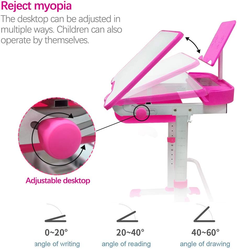 Yinleader Kids Desk and Chair Set,Height Adjustable,Spacious Storage Drawer,with Adjustable Tilted Desktop, Bookstand, Touch Led Lamp for School Student(Pink)