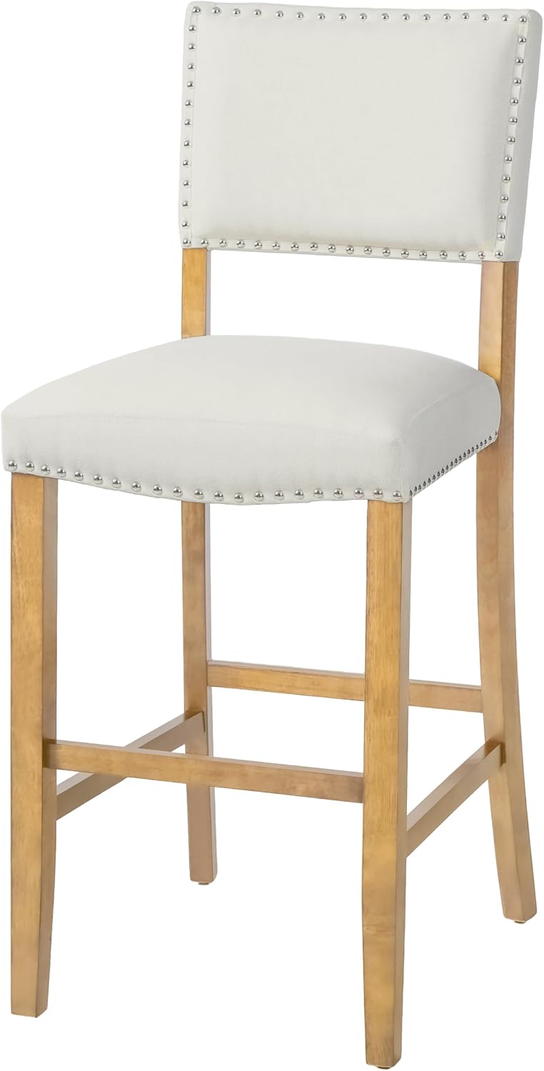 Christopher Knight Home Yorick Counter Height Bar Stools Set of 2, Fabric Upholstered Bar Stool for Kitchen Island, Wooden Dining Room Chair with Rivet Decor, Counter Stool with Footrest, Beige