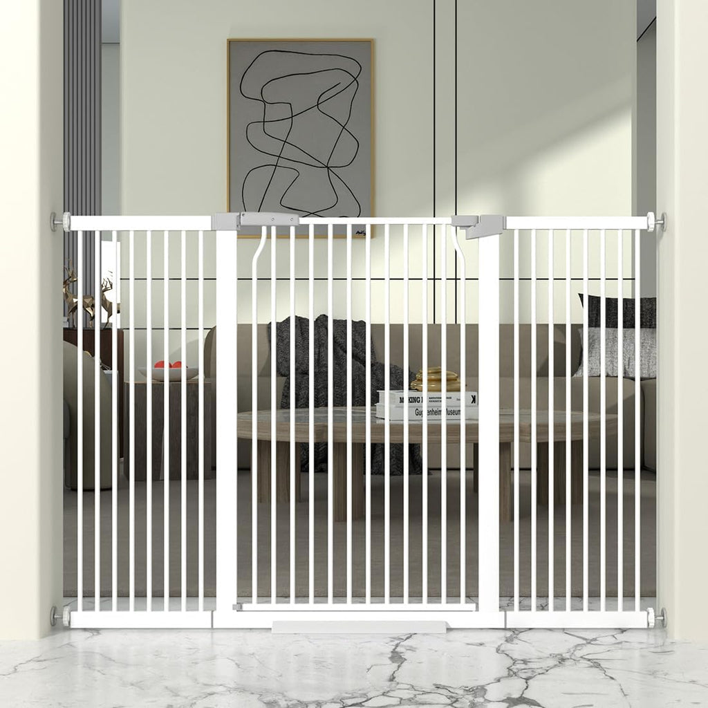 41' Extra Tall Cat Gate for Doorway, 54.5-60.2'' Metal Pet Baby Safe Gate, Extra Wide Pressure Mounted Child Door with Expansion Kit, No Drilling Baby Gate Indoor, No Climb Proof Gate, White