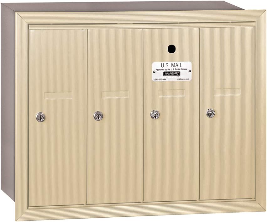Salsbury Industries 3504SRU Recessed Mounted Vertical Mailbox for use with USPS Lock, 4 Doors, Sandstone