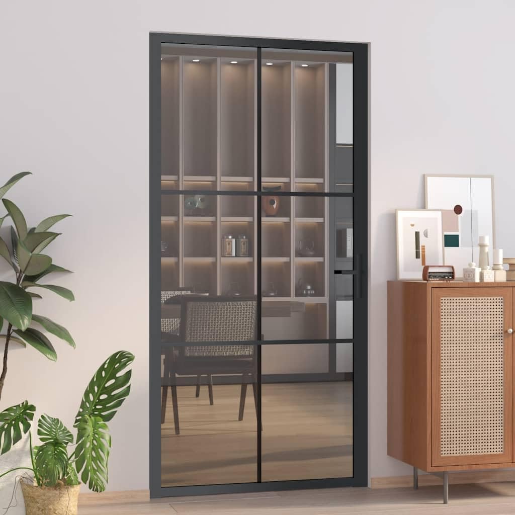 vidaXL Interior Door, Aluminum Frame Glass Door, Inner Door with Alloy Handle for Bathroom Bedroom, 40.4'x79.3' Black ESG Glass and Aluminum
