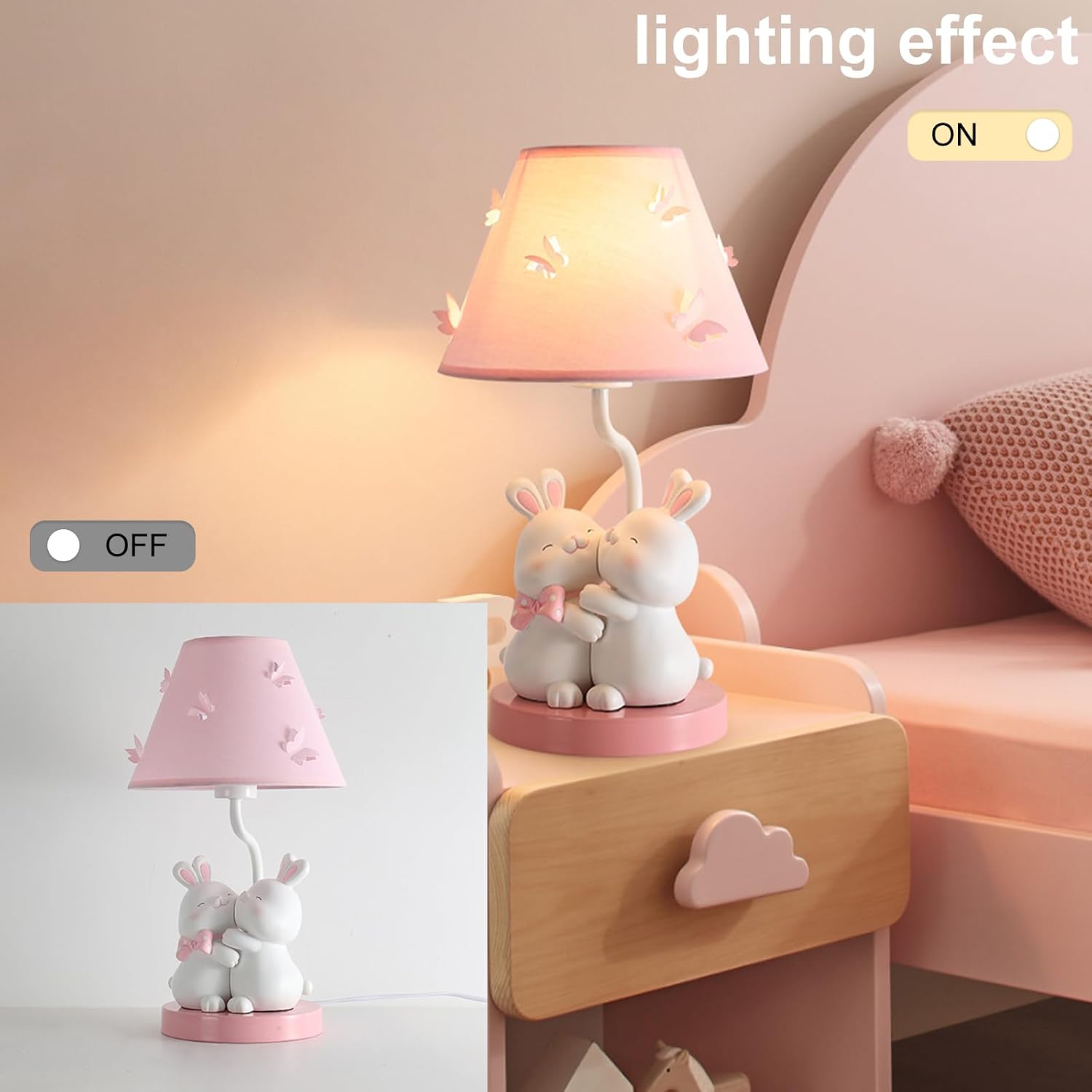 Pink Rabbit Lamp Cute Bunny Night Light Girl Lamp, Cartoon Animal Nightstand Lamps Bedside Table Lights, Children's Room Desktop Accent Lighting for Bedroom Dining Room Office Dorm