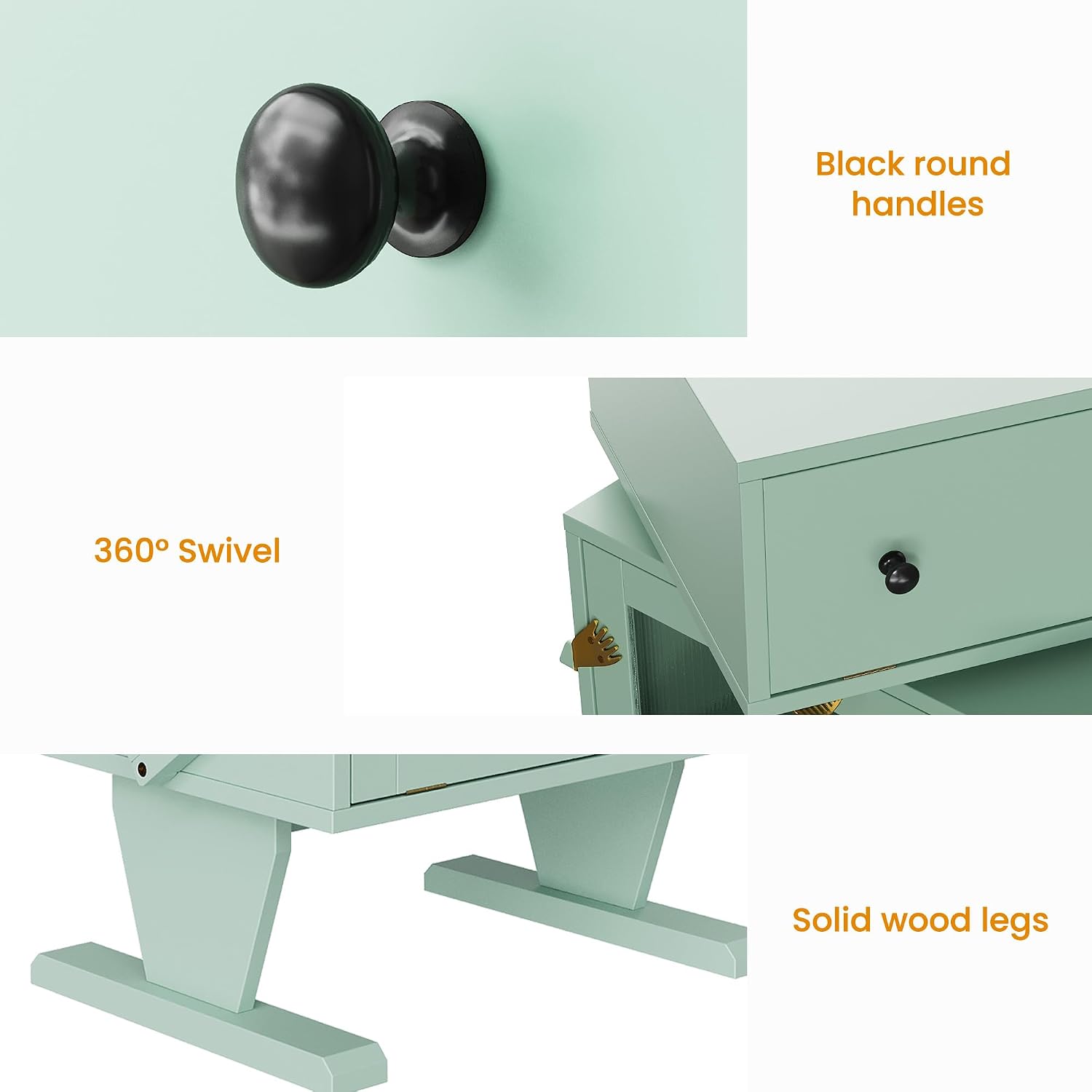 RoyalCraft Nightstand with LED Light Strips Set of 2, Green End Table with 360° Rotating Drawer, Modern Bedside Table with Glass Door Storage, Wood Night Stand Cabinet for Bedroom, Home Office, Green