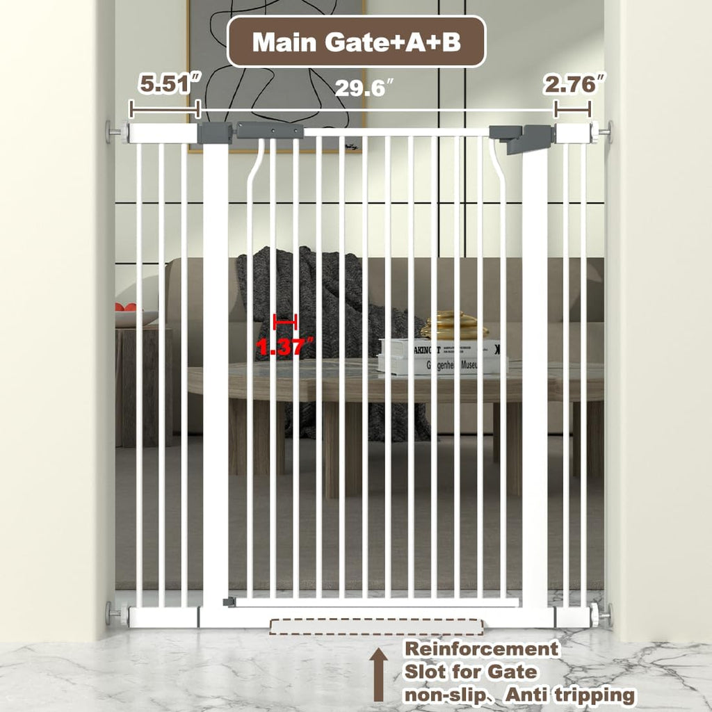 41' Extra Tall Baby Gate for Doorway, 29.6-40.5'' Metal Pet Baby Safe Gate, Extra Wide Pressure Mounted Child Door with Expansion Kit, No Drilling Cat Fence Indoor, No Climb Cat Proof Gate, White