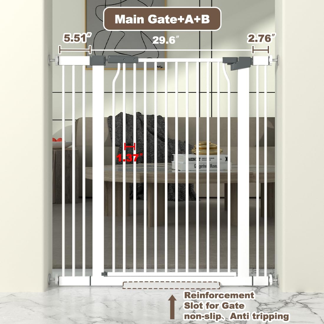 41' Extra Tall Baby Gate for Doorway, 29.6-40.5'' Metal Pet Baby Safe Gate, Extra Wide Pressure Mounted Child Door with Expansion Kit, No Drilling Cat Fence Indoor, No Climb Cat Proof Gate, White