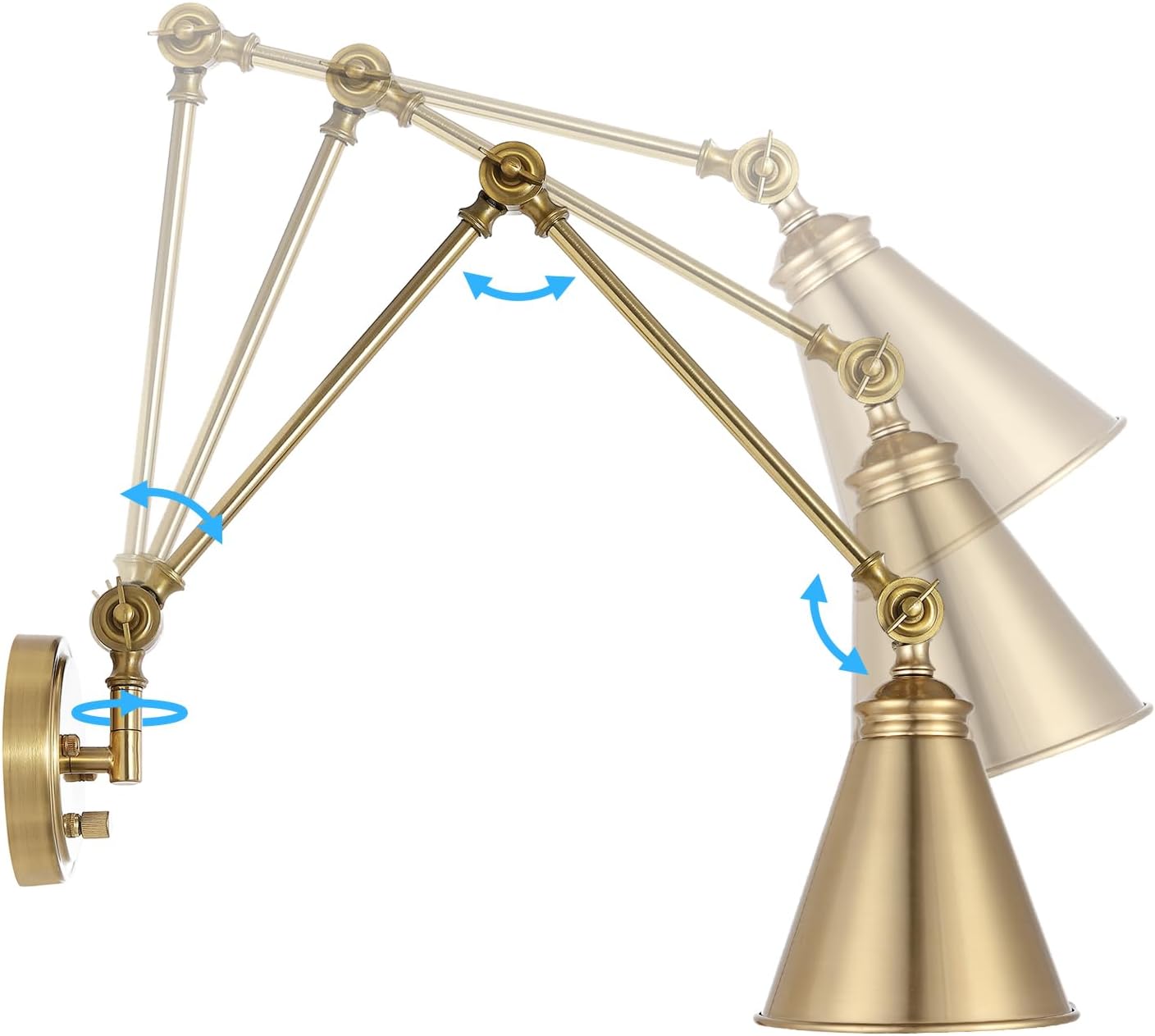 WINGBO Farmhouse Swing Arm Wall Sconce Set of 2, Industrial Adjustable Wall Lamp Light Fixture for Living Room Bedroom Vanity Study Desk Office, Plug in or Hardwired, Brass