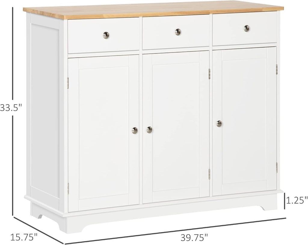 HOMCOM Sideboard Buffet Cabinet with Solid Wood Countertop, Modern Kitchen Storage Cabinet, Coffee Bar Cabinet with 3 Drawers, Doors and Adjustable Shelf, White