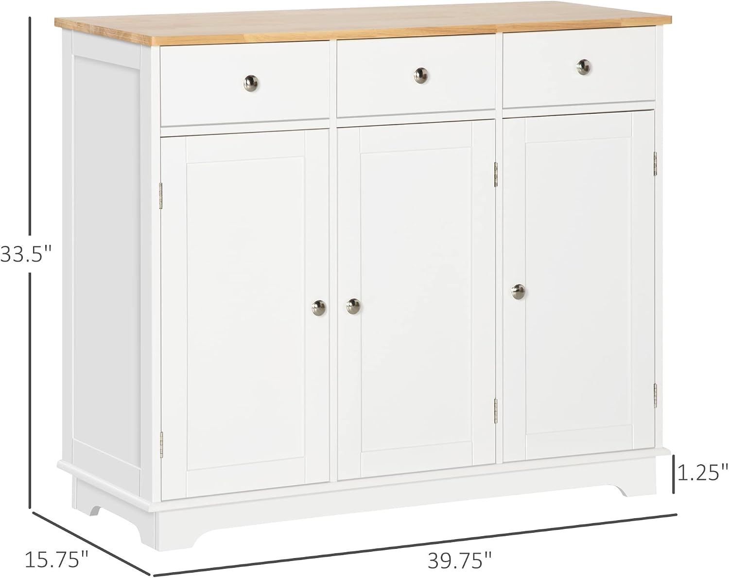 HOMCOM Sideboard Buffet Cabinet with Solid Wood Countertop, Modern Kitchen Storage Cabinet, Coffee Bar Cabinet with 3 Drawers, Doors and Adjustable Shelf, White