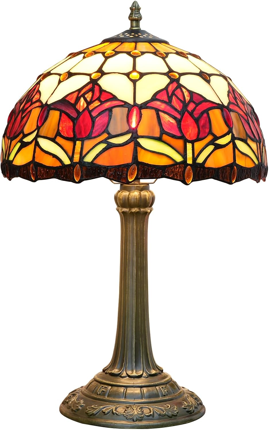 Red Tulip Tiffany Style Stained Glass Table Lamp Bed Room Bedside Reading Desk Light for Living Office Dormitory Bar Retro Unique Cute Accent Decor Cottage 12' Village Gift Nightstand Lamps