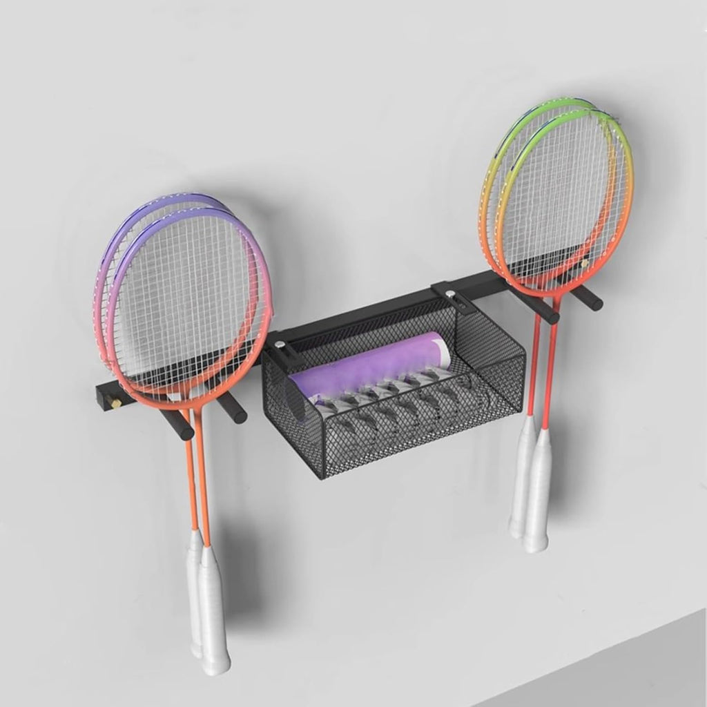 2 in 1 Wall Mounted Ball Holder Racket Rack, Hanging Equipment Organizer for Boys Bedroom/Studio/Garage, Metal Badminton Ping Pong Paddle Storage Display Stand