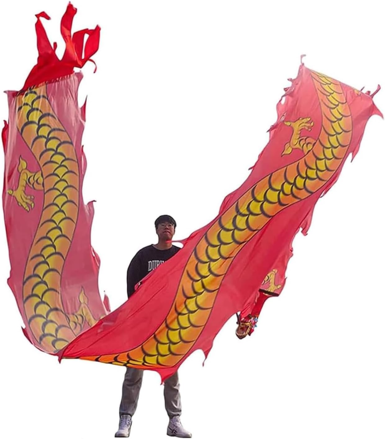 Lion Dance Cloth Silk Streamer Dragon Dance Ribbon with Head Flowy Shaking Flinging Lion Dragon Dances(A,10m/33ft)