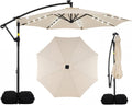 Tangkula 10ft Solar Patio Umbrella with Base Included, Offset Cantilever Outdoor Umbrella with 32 LED Lights, 360 Degree Rotation, Crank Handle for Pool Deck Garden Backyard (Beige)