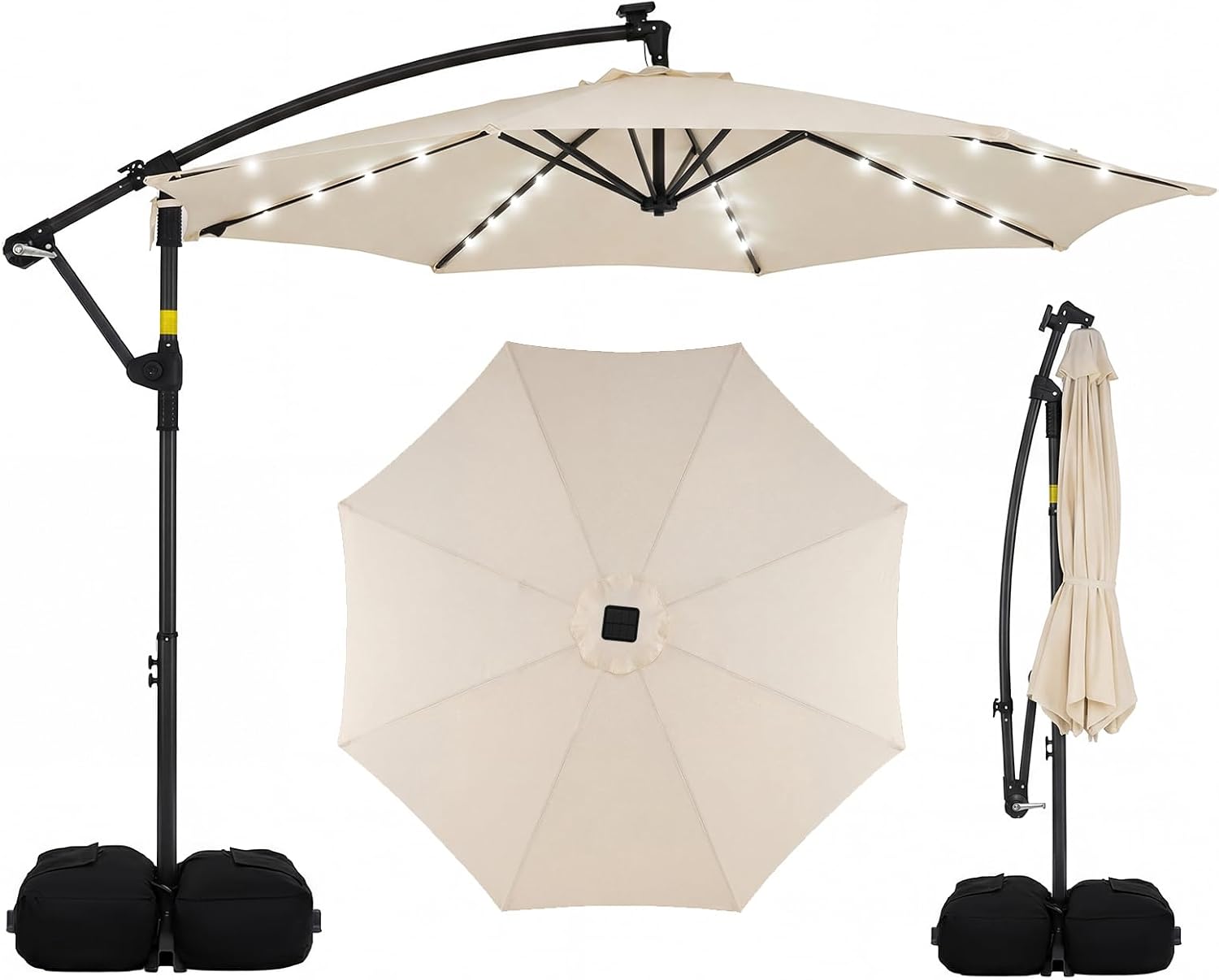 Tangkula 10ft Solar Patio Umbrella with Base Included, Offset Cantilever Outdoor Umbrella with 32 LED Lights, 360 Degree Rotation, Crank Handle for Pool Deck Garden Backyard (Beige)