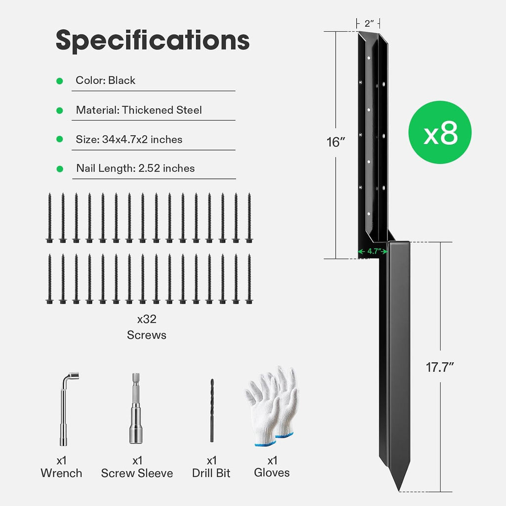 VIVOSUN Fence Post Repair Kit, Heavy-Duty Ground Spike with Gloves for Repairing Tilted or Broken Wood Posts (8 Pack, Black)