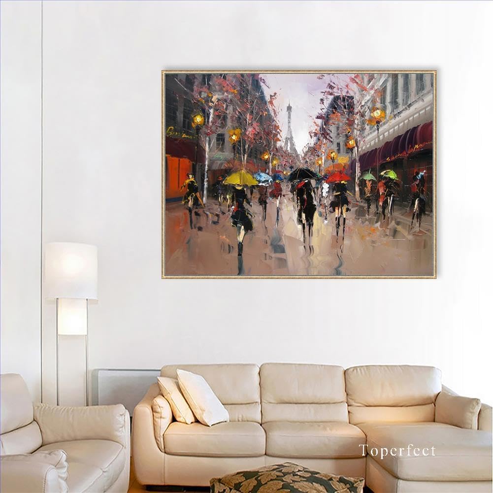 24 Romantic Paris Eiffel Tower Art - Oil Painting on Canvas, Fashionable Girls Umbrellas, Pink Rainy Atmosphere, Elegant Cityscape Wall decor. Hand-Painted Parisian Street Art by College Teachers