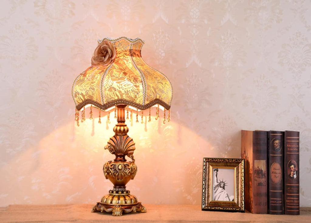 Victorian Style Table Lamp Handmade Traditional Brown Gold Lace Fabric Bedside Lamp Antique Painted Resin Base Desk Lamp for Bedroom Living Room Office, 13' W, 21.6' H. (B1)