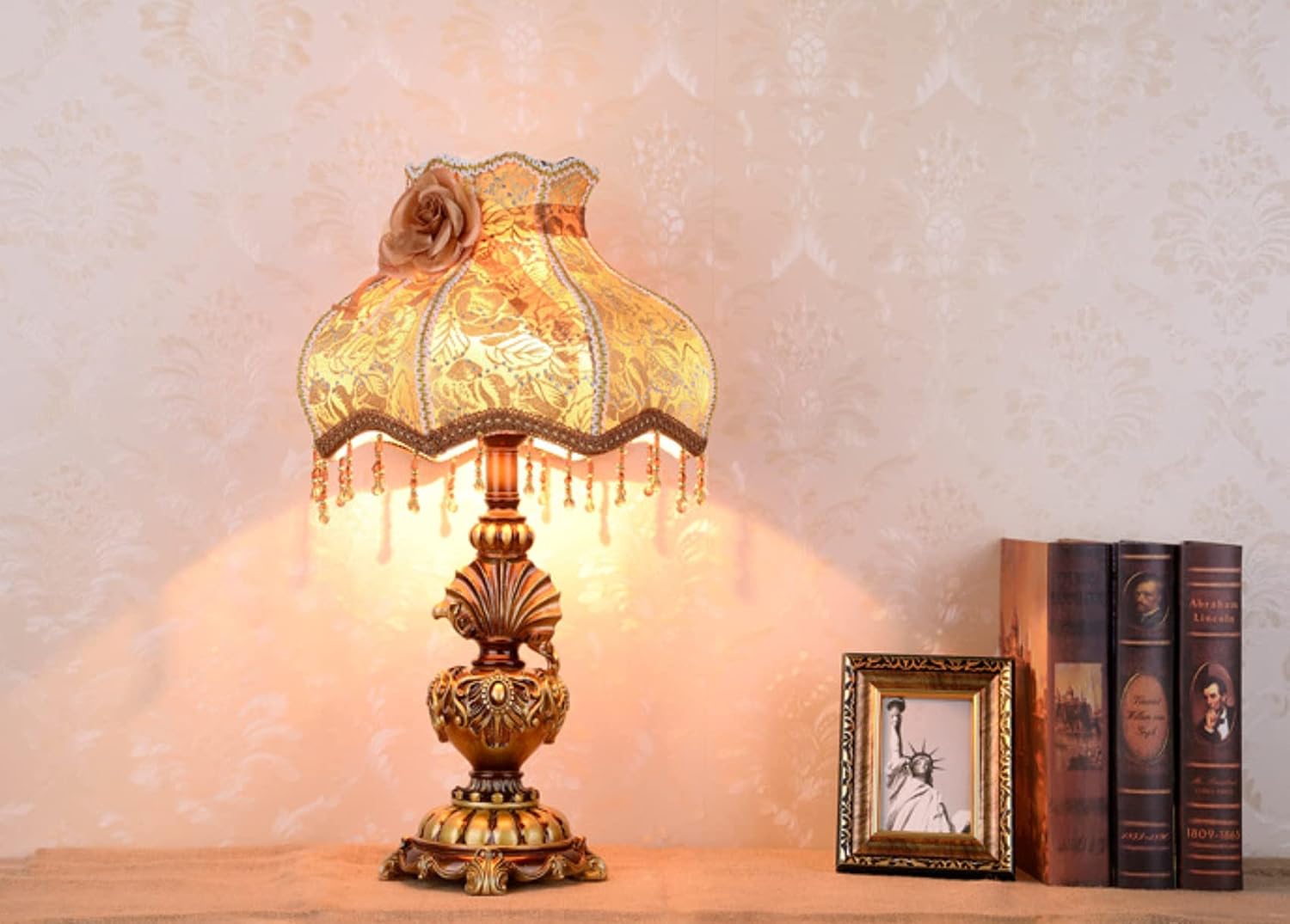 Victorian Style Table Lamp Handmade Traditional Brown Gold Lace Fabric Bedside Lamp Antique Painted Resin Base Desk Lamp for Bedroom Living Room Office, 13' W, 21.6' H. (B1)
