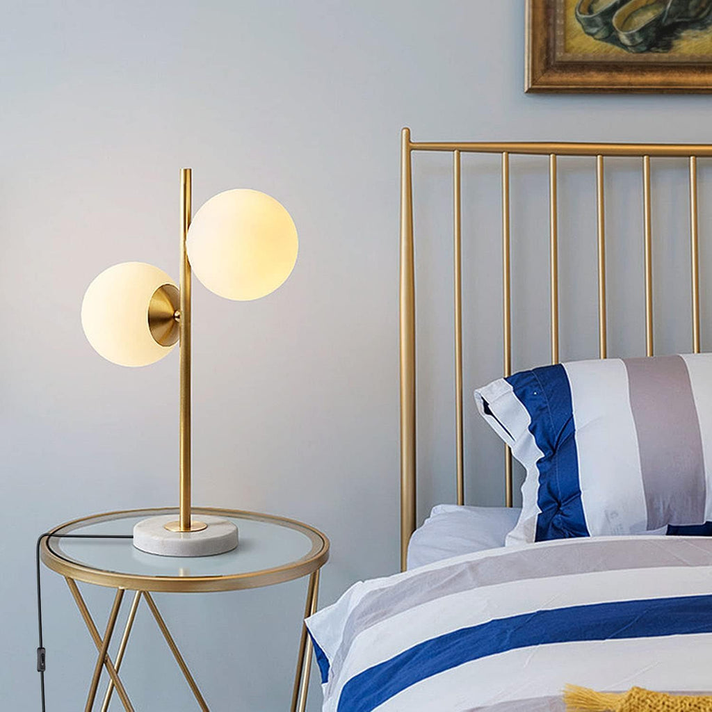 KCO Lighting Mid-Century Modern Table Lamp 2-Light Frosted Glass Globe Desk Lamp with Brushed Brass Finished Nightstand Bedside Lamp