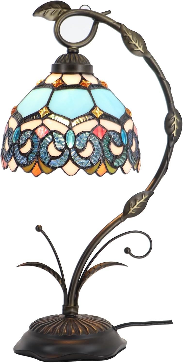Tiffany Table Lamp, Stained Glass Desk Reading Light, 8X10X19 Inches, Metal Leaf Base (Sapphire Style)