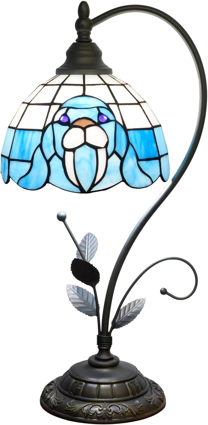 Tiffany Table Lamp Blue Walrus Stained Glass Bedside Lamp Tiffany Style S Metal Leaves Desk Light for Home Living Room Office Dormitory Bar Family Friends Gift
