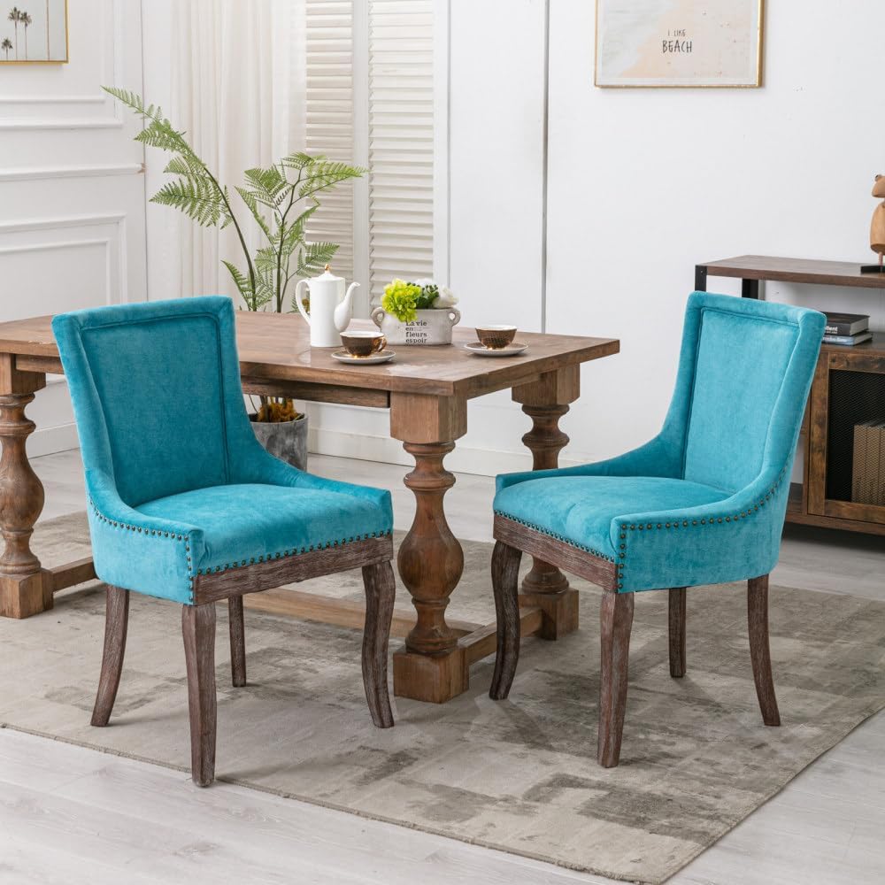 Dining Chairs Set of 2, Thickened Fabric Upholstered Chair with Neutral Solid Wood Legs & Bronze Nailhead Trim, Comfortable Accent Chairs for Dining Room/Kitchen/Living Space(Blue + Fabric)