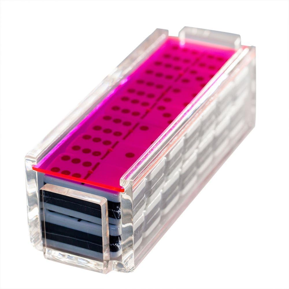 Modern Double Six Jumbo Tiles Dominoes Set, Acrylic Box with Acrylic Lid, Professional Two Toned Black and White Dominoes, Brass Center Rivet, Made in USA (Neon Pink)