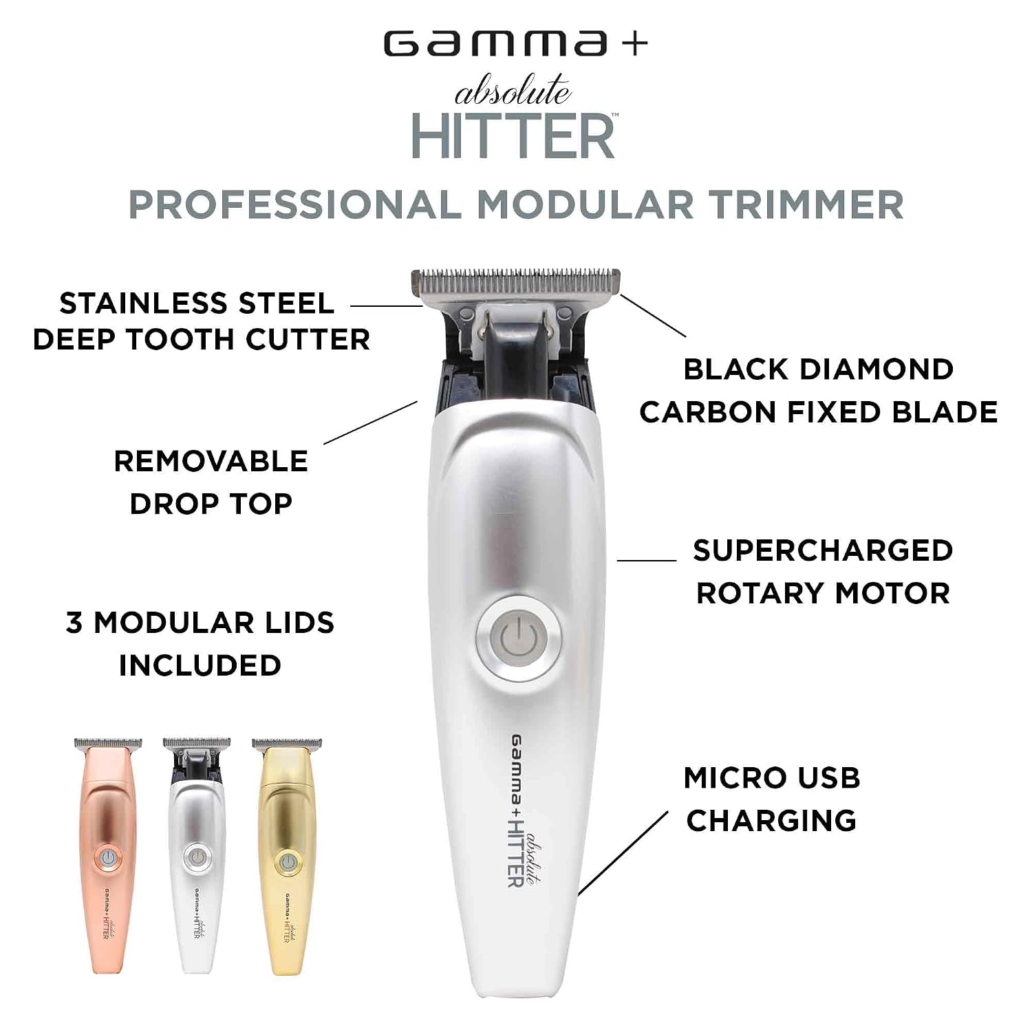GAMMA+ Absolute Hitter Professional Cordless Hair Trimmer, Modular Color Lids, 3 Guards, 3 Modular Color Lids Included (Matte Chrome, Rose Gold, Gold)