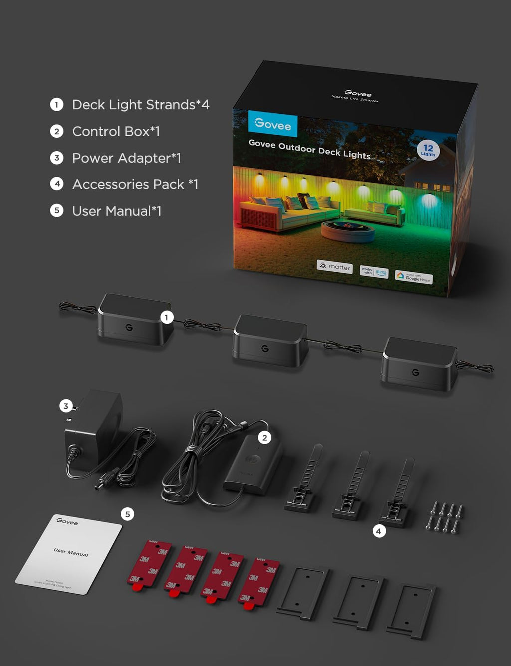 Govee Outdoor Deck Lights, Multicolor Outdoor Fence Lights, IP65 Waterproof Outdoor Lights with Smart Control, Preset Sences, Music Mode for Patio Decor, Wired 12 Packs (72ft)