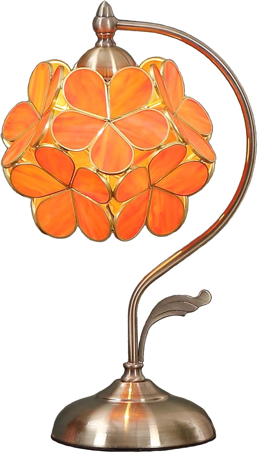 Bieye L10753 Tiffany Style Stained Glass Flower Petal Table Lamp with Brass Base for Home Décor (Orange, 8' Cherry Blossom)