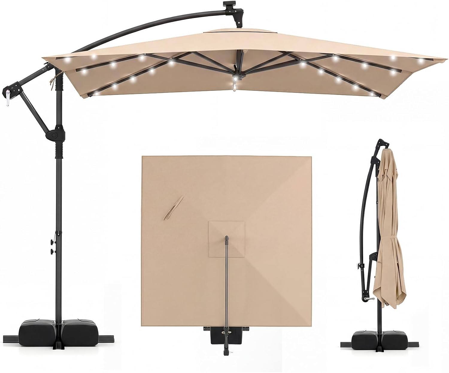 Tangkula 8x8 FT Solar Patio Umbrella with Base Included, Square Offset Cantilever Outdoor Umbrella with 360 Degree Rotation, 32 LED Lights, Crank Handle, 2 Sandbags, 8 Ribs, Air Vent for Pool Deck Garden Backyard