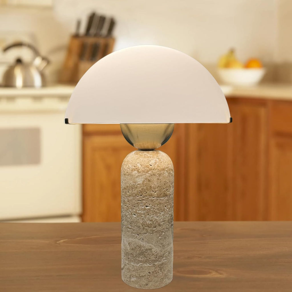 Scandinavian Modern Table Lamp Frosted Glass Shade Travertine Lamp Natural Stone Desk Lamp Mid-Century Dome Bedside Lamps for Living Room Side Lamps Bedroom Nightstand Light